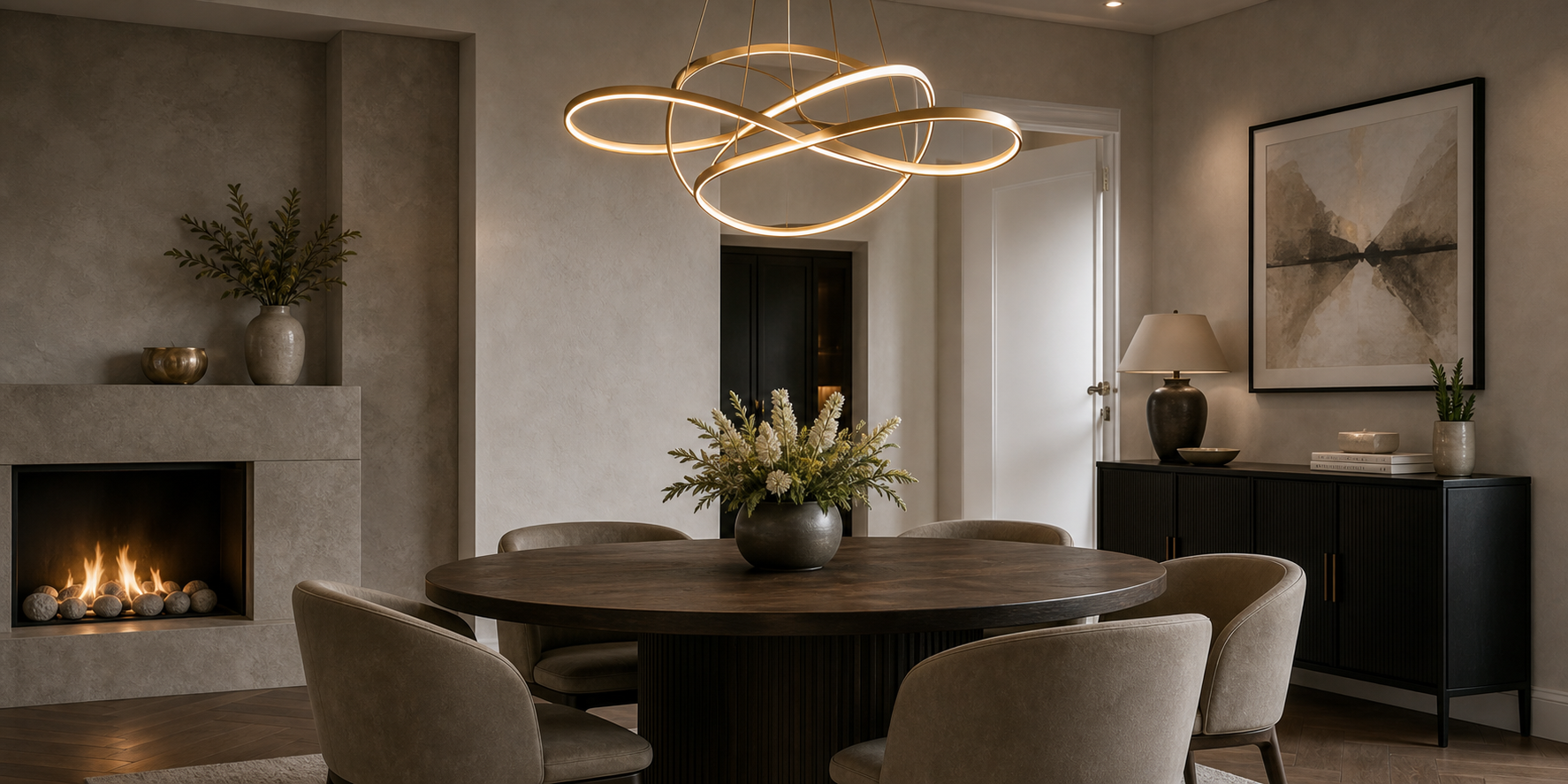 Modern dining room with warm chandelier