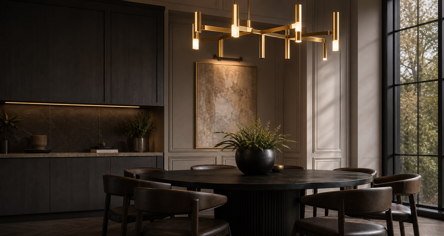 Trade program dining space with brass chandelier